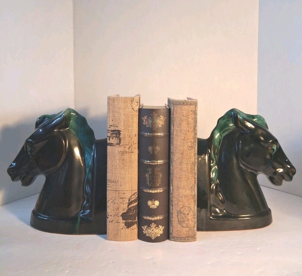 Vtg Blue Mountain Pottery Horse Head Bookends Teal Green Drip Glaze MCM